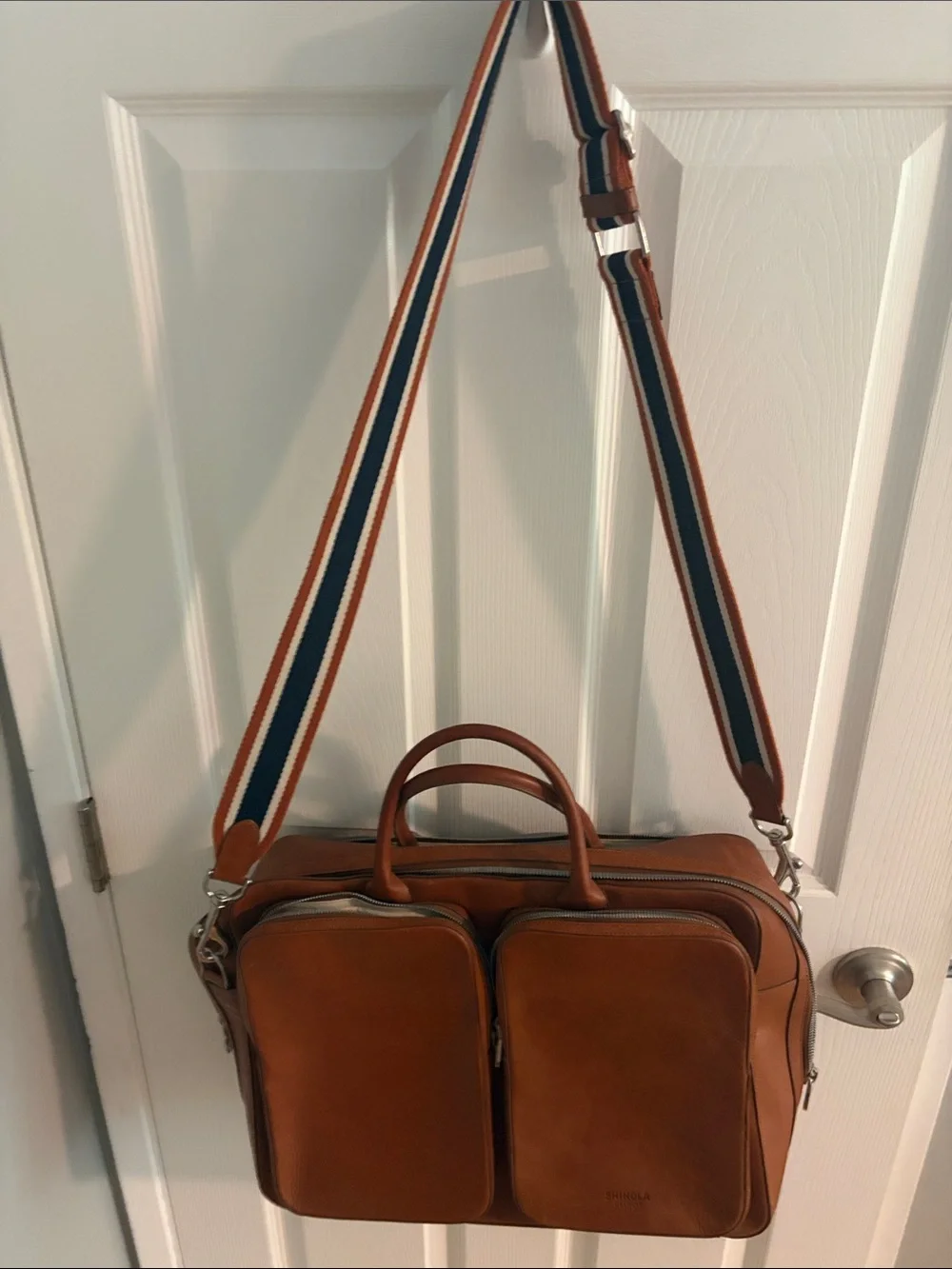 Shinola Cognac Leather Briefcase with Striped Shoulder Strap